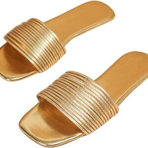 Women's Summer Flat Sandals Slip On Strappy Glitter Shoes for Casual Wear